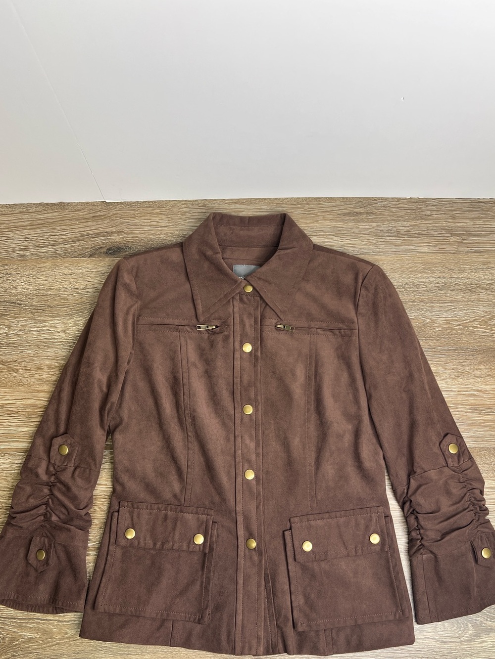 Anthracite by Muse Brown Faux Suede Utility Jacket Women’s Size 4 Leopard Lined